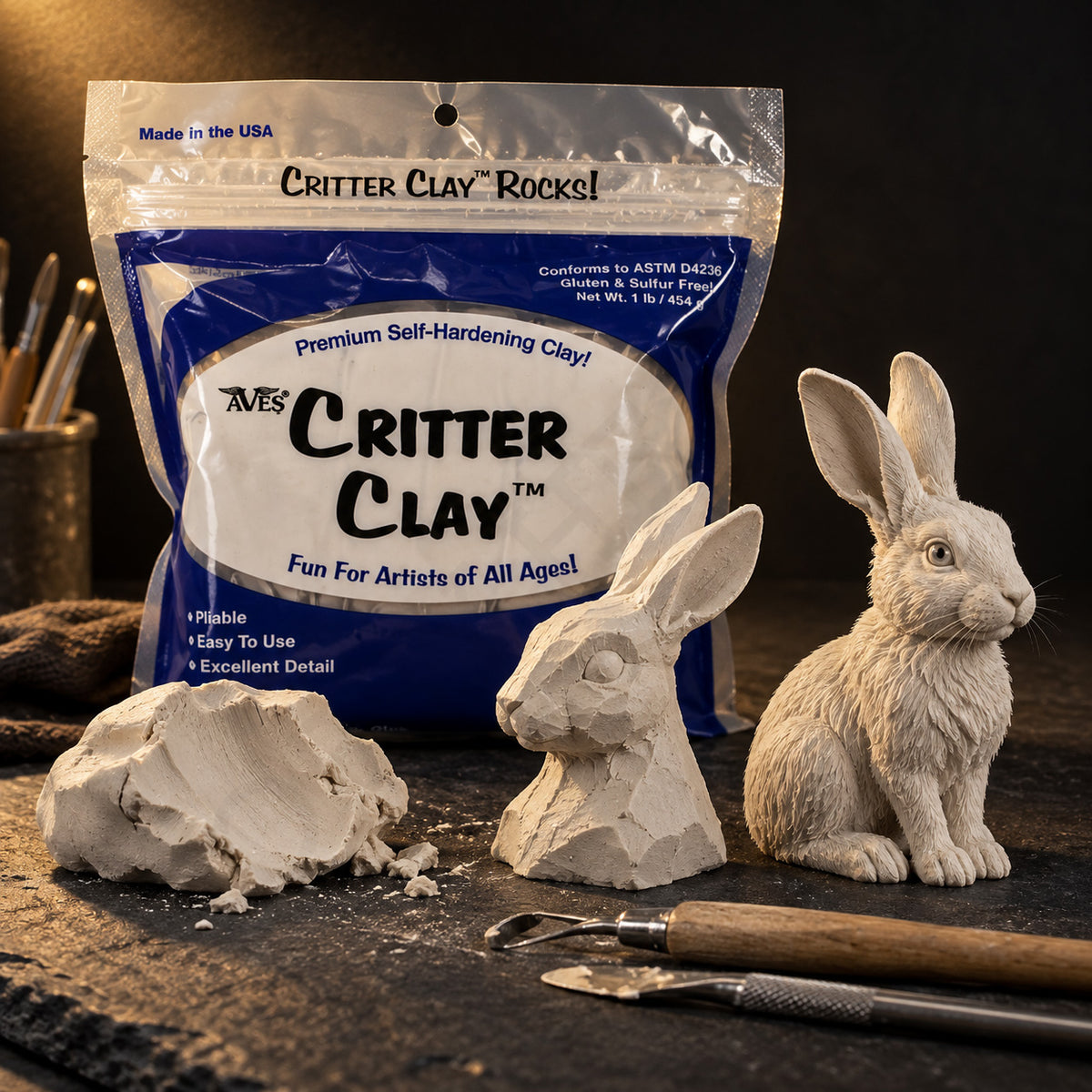Aves Critter Clay 1 lb White bag with a lump of clay, a roughed-out hare bust and a finished hare sculpture