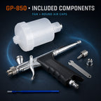Sparmax GP-850 with the fan air cap fitted, beside its 125 ml cup, round air cap, spanner, connector and brush
