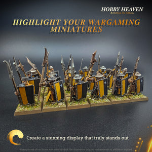 Highlight your wargaming miniatures" banner featuring a detailed painted figure, promoting Hobby Heaven products for creating stunning and standout displays. Ideal for hobbyists seeking high-quality bases for their miniature collections.