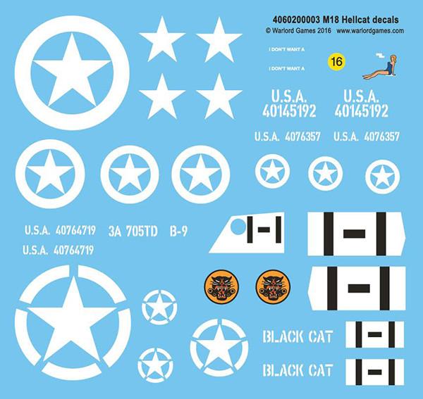M18 Hellcat decal sheet: white stars, serial numbers and unit markings