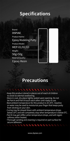DSPIAE specifications and precautions: MEP-01/02/03, weight 50 g + 50 g, epoxy resin, best at 20-25 °C