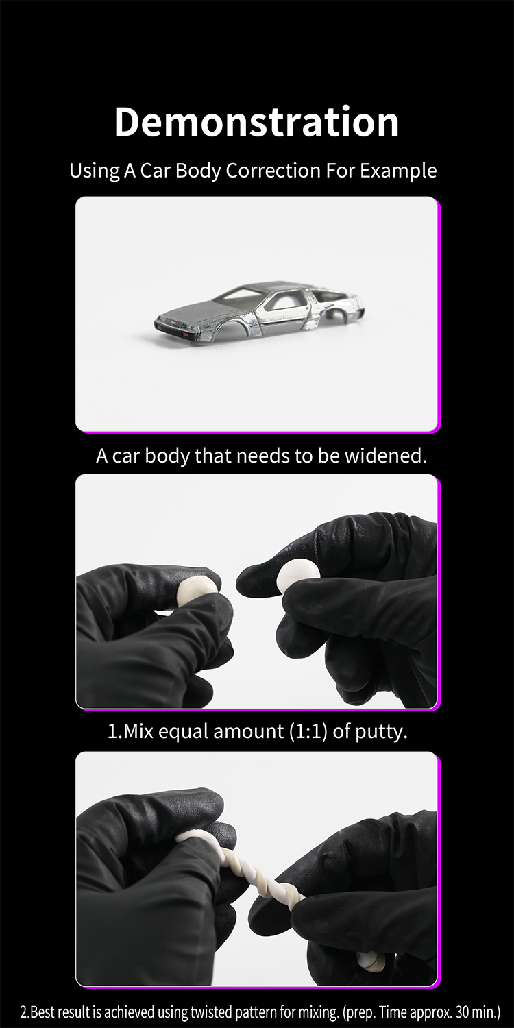 DSPIAE demonstration: a model car body to be widened, epoxy putty mixed 1:1 and twisted together by hand