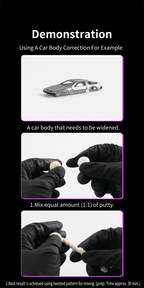 DSPIAE demonstration: a model car body to be widened, epoxy putty mixed 1:1 and twisted together by hand