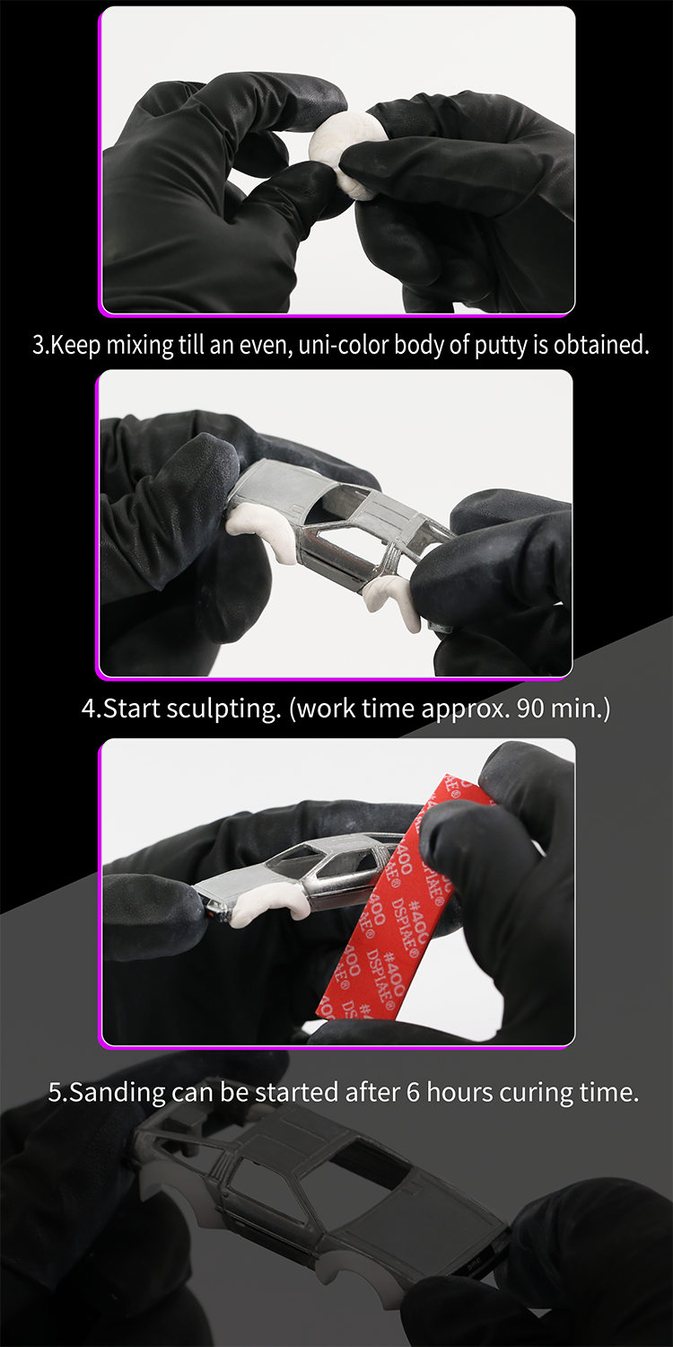 DSPIAE demonstration: putty kneaded to one colour, shaped onto the car body, then sanded after 6 hours
