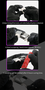 DSPIAE demonstration: putty kneaded to one colour, shaped onto the car body, then sanded after 6 hours