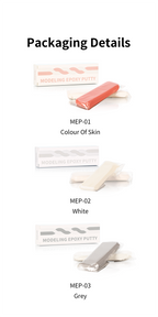 DSPIAE packaging details: MEP-01 colour of skin, MEP-02 white, MEP-03 grey, each a boxed pair of bars