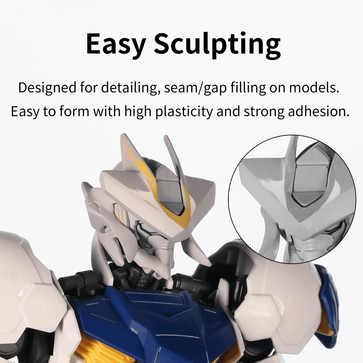 DSPIAE panel Easy Sculpting: robot model head with a grey putty-sculpted detail in a close-up circle