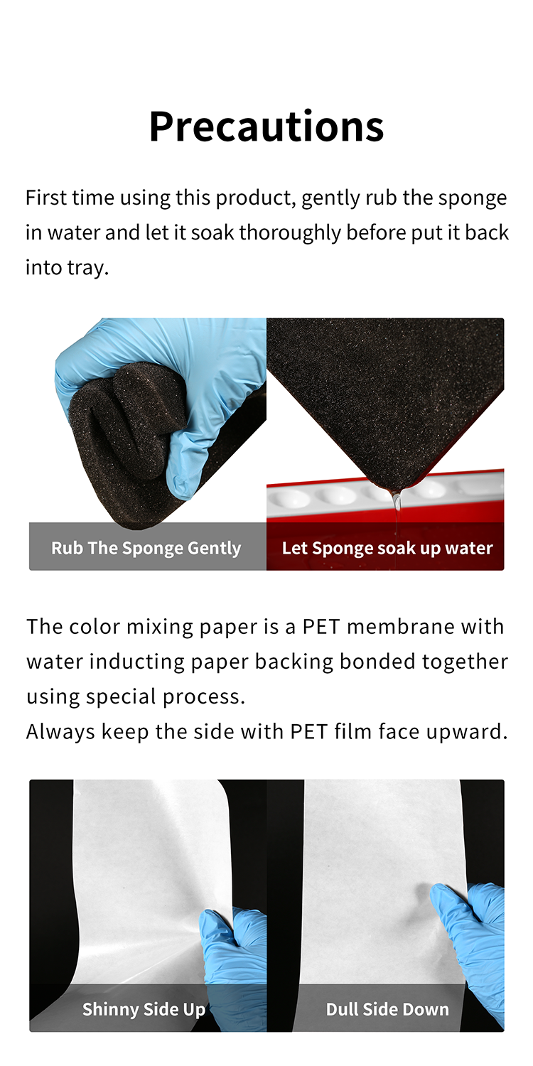 DSPIAE precautions: soak the sponge first; the mixing paper is PET film on a paper backing, shiny side up