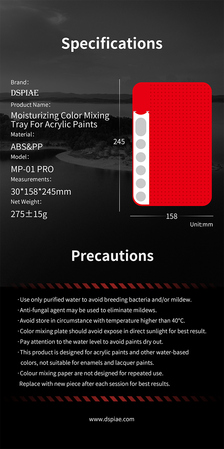 DSPIAE MP-01 PRO specifications: ABS and PP, 245 x 158 x 30 mm, 275 g, with precautions