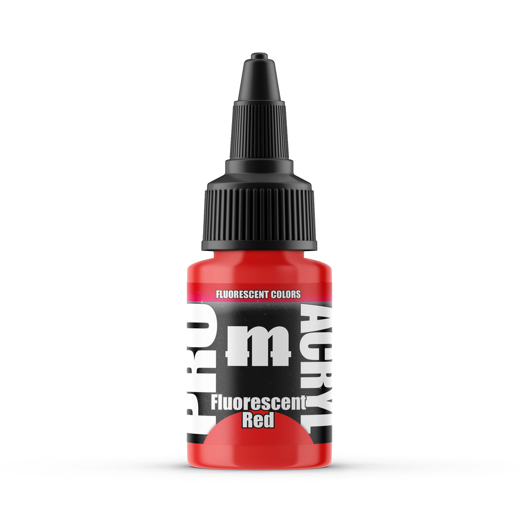 Monument Hobbies Pro Acryl Fluorescent Red MPA-F01 — 22ml bottle with colour swatch