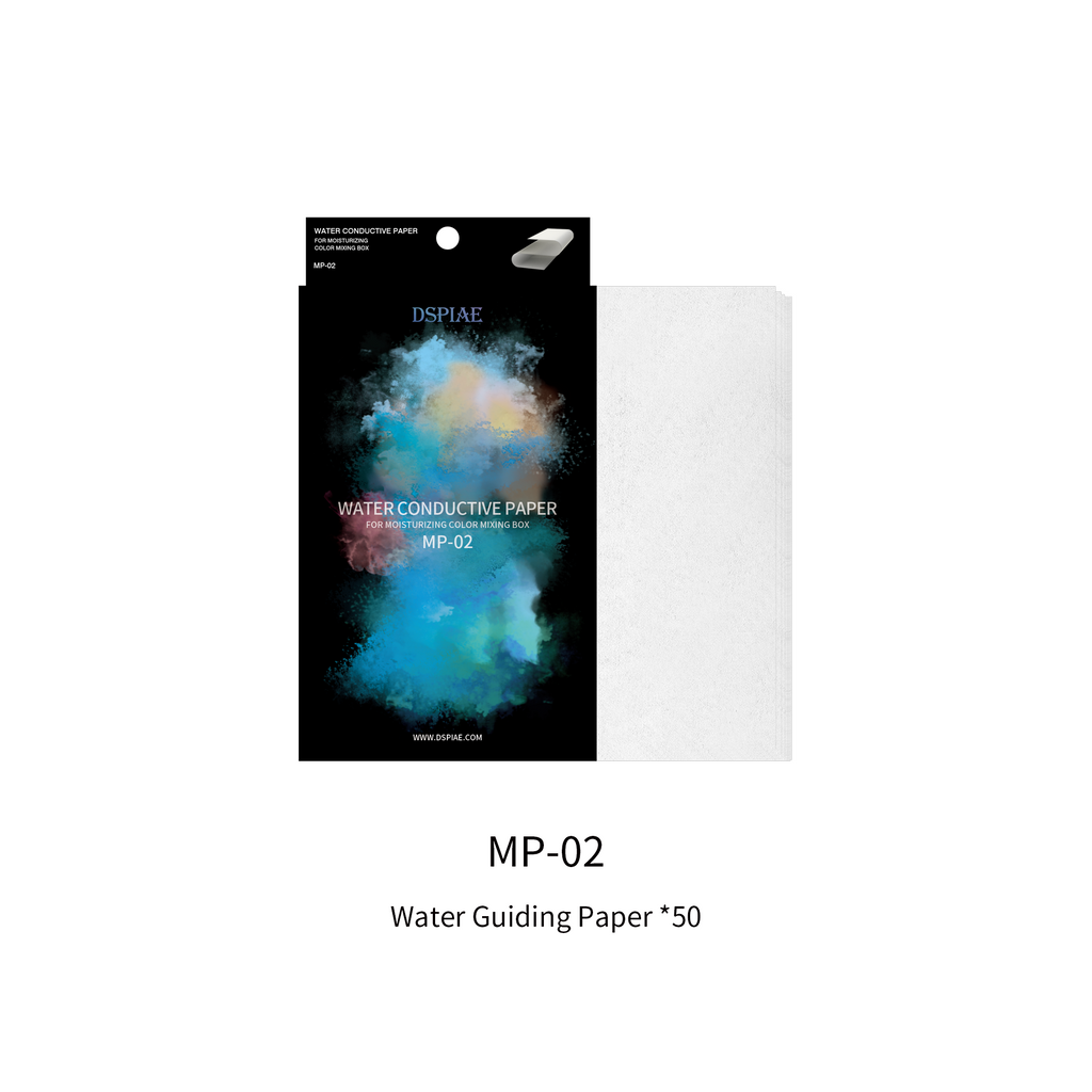 DSPIAE MP-02 pack printed Water Conductive Paper beside a white sheet, Water Guiding Paper x50