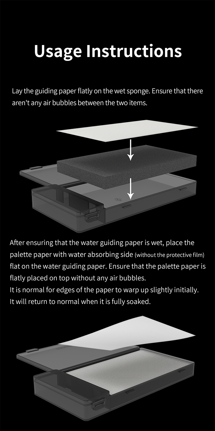 DSPIAE usage: lay the guiding paper flat on the wet sponge, then the palette paper on top, with no air bubbles