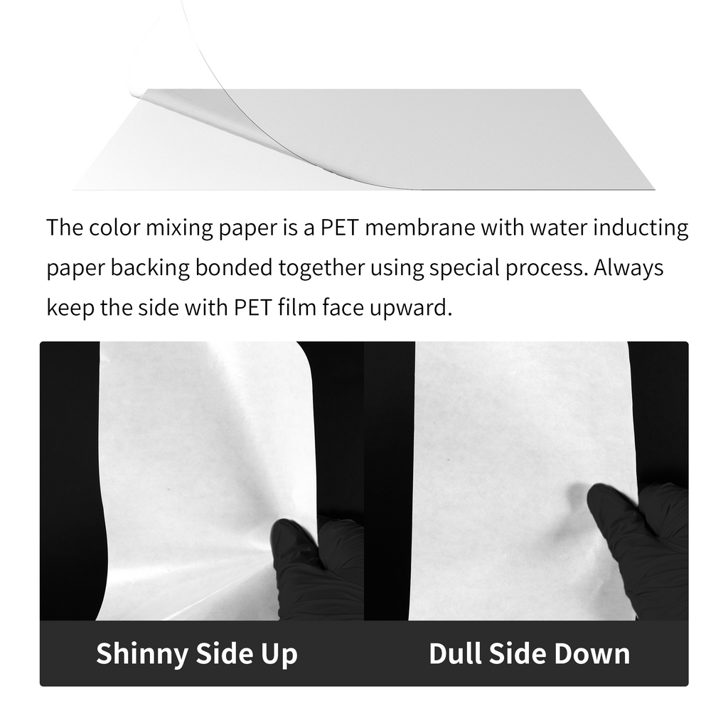 DSPIAE colour mixing paper: PET film bonded to a paper backing, shiny side up, dull side down