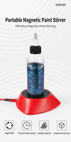 DSPIAE panel Portable Magnetic Paint Stirrer: a bottle of blue metallic paint standing on the red MS-01 LE