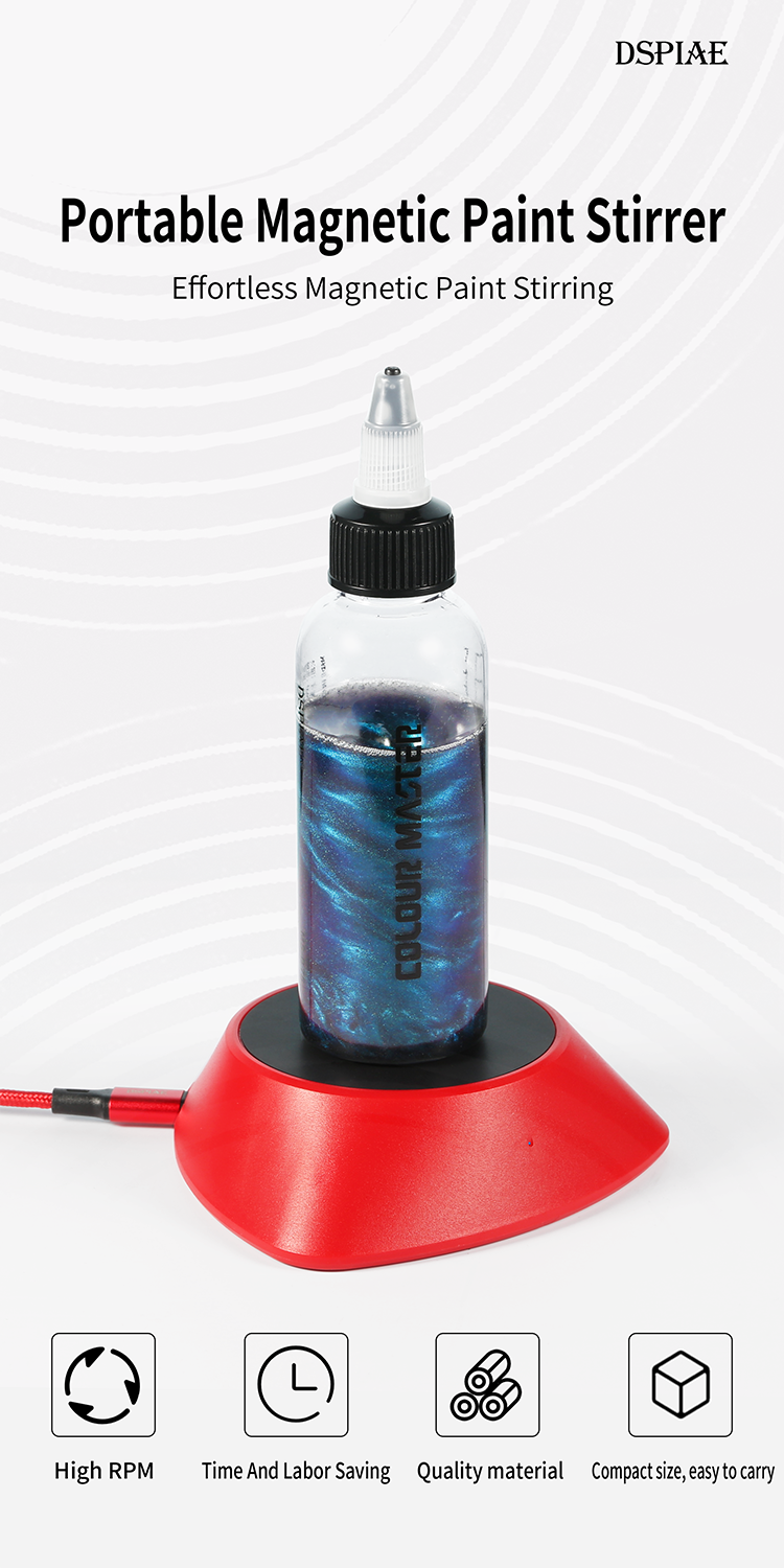 DSPIAE panel Portable Magnetic Paint Stirrer: a bottle of blue metallic paint standing on the red MS-01 LE