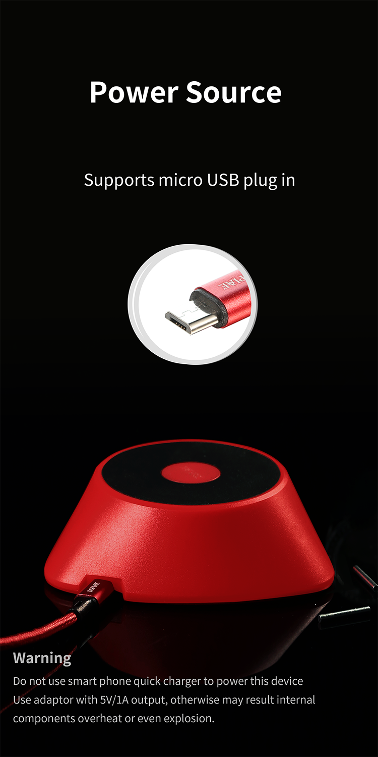 DSPIAE Power Source panel: micro-USB plug, with a warning to use a 5 V / 1 A adaptor, never a quick charger