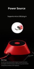 DSPIAE Power Source panel: micro-USB plug, with a warning to use a 5 V / 1 A adaptor, never a quick charger
