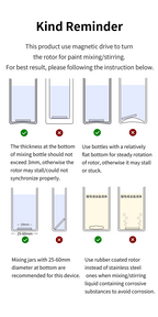 DSPIAE Kind Reminder diagrams: bottle base under 3 mm, flat bottom, 25-60 mm jars, rubber rotor for corrosive liquids