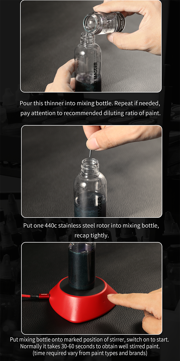 DSPIAE operating steps: add thinner, drop in one rotor, stand the bottle on the mixer for 30-60 seconds