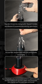 DSPIAE operating steps: add thinner, drop in one rotor, stand the bottle on the mixer for 30-60 seconds