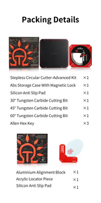 DSPIAE packing details: cutter, ABS case, pad, 30°/45°/60° carbide bits, 3 hex keys; locator sold apart