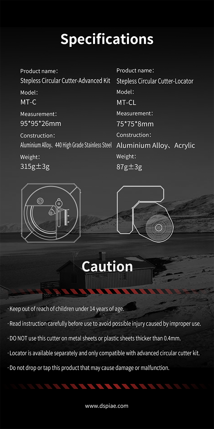 DSPIAE specifications: MT-C 95 x 95 x 26 mm, 315 g, and the separate MT-CL locator, with cautions