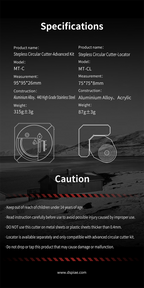DSPIAE specifications: MT-C 95 x 95 x 26 mm, 315 g, and the separate MT-CL locator, with cautions