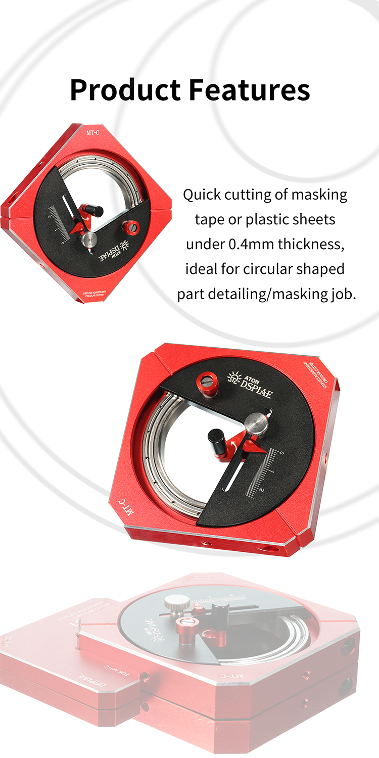 DSPIAE Product Features panel: the MT-C cuts circles from masking tape or plastic sheet under 0.4 mm thick