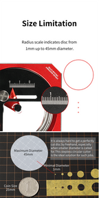 DSPIAE Size Limitation panel: radius scale, discs from 1 mm up to 45 mm, beside a 25 mm coin