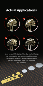 DSPIAE Actual Applications panel: tape masks cut with the MT-C for a two-colour spray job on a mech part