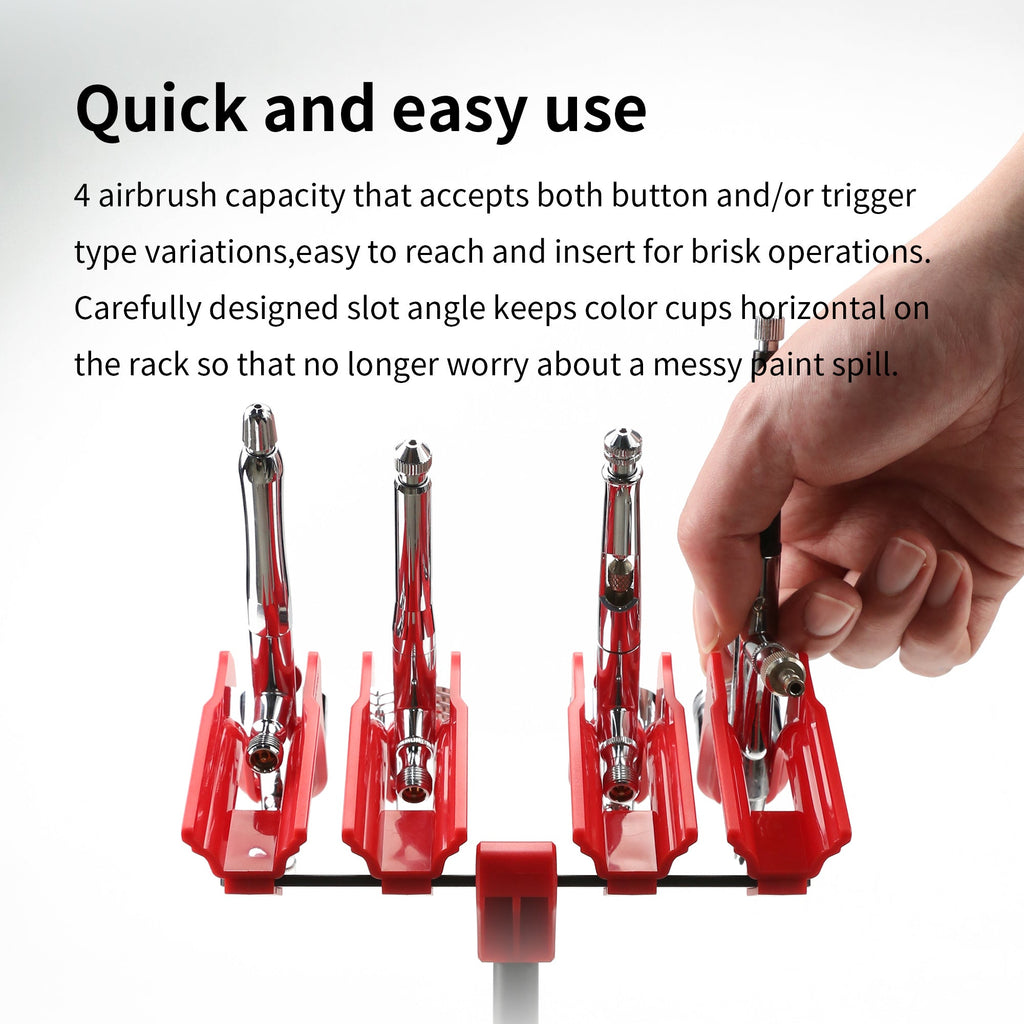 DSPIAE Quick and easy use panel: four slots take button or trigger airbrushes and keep the cups level
