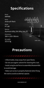 DSPIAE specifications and precautions for the PT-AR airbrush rack: 200 x 150 x 90 mm, 223 g