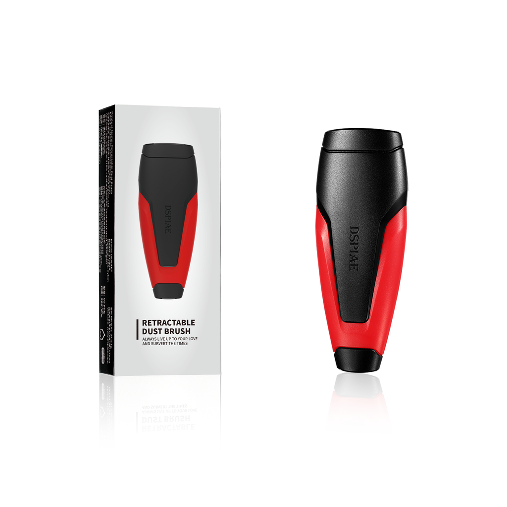 DSPIAE PT-RDB dust brush and its retail box on white, the box side panel printed with its specifications