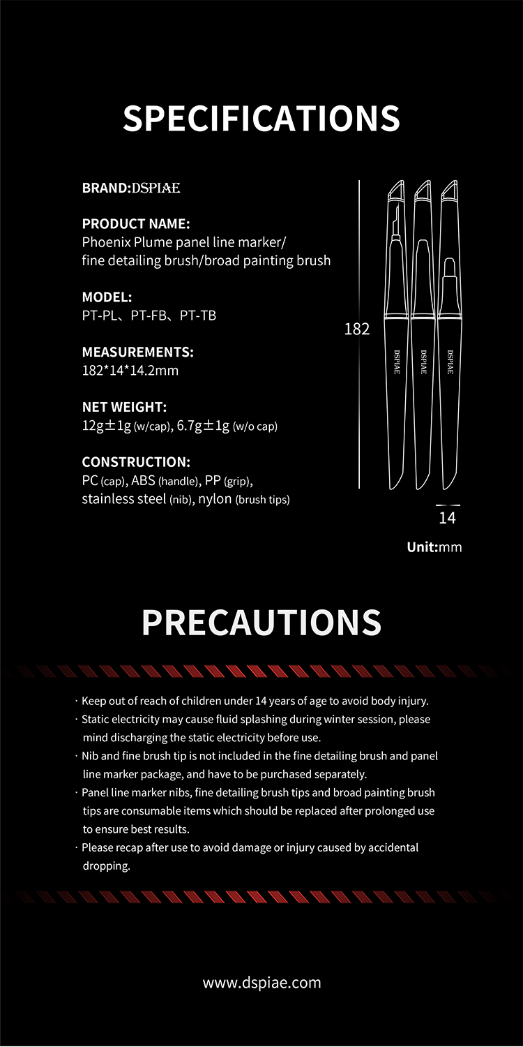 DSPIAE Phoenix Plume specifications: 182 x 14 mm, 12 g with cap, PC, ABS, PP, steel nib, nylon tips