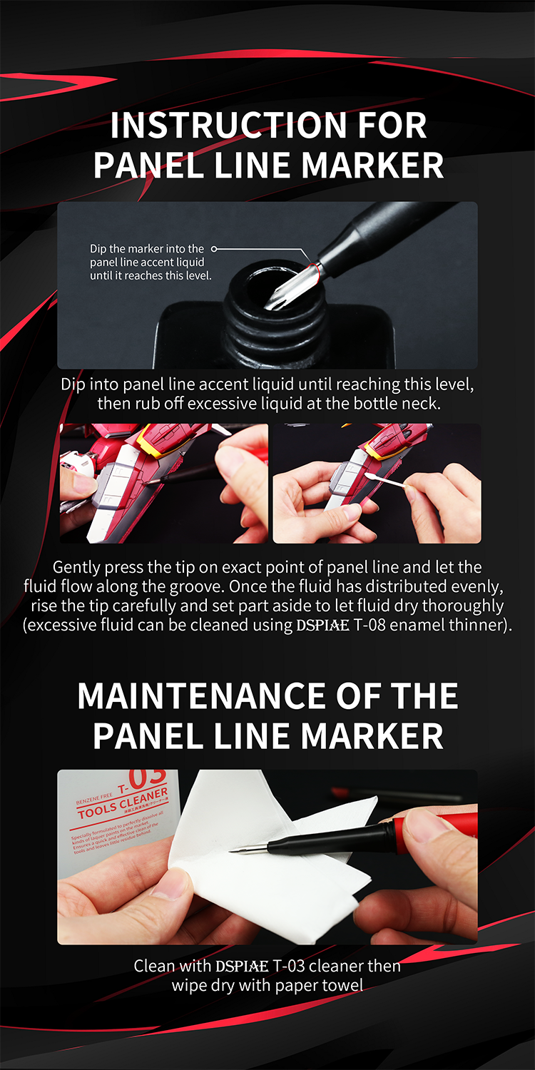 DSPIAE Phoenix Plume instructions for the panel line marker: dip, touch the panel line, clean with T-03