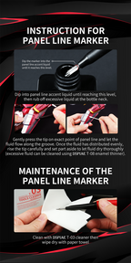 DSPIAE Phoenix Plume instructions for the panel line marker: dip, touch the panel line, clean with T-03