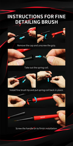 DSPIAE instructions for the fine detailing brush: unscrew the grip, take out the spring, fit the tip