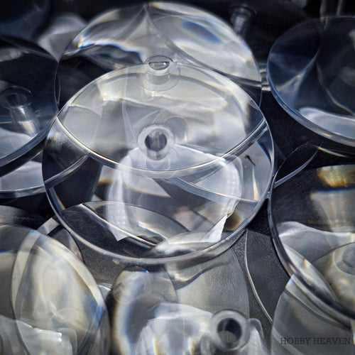 Clear 32mm round flying bases with central socket and clear plug-in stems for flying and hovering miniatures.