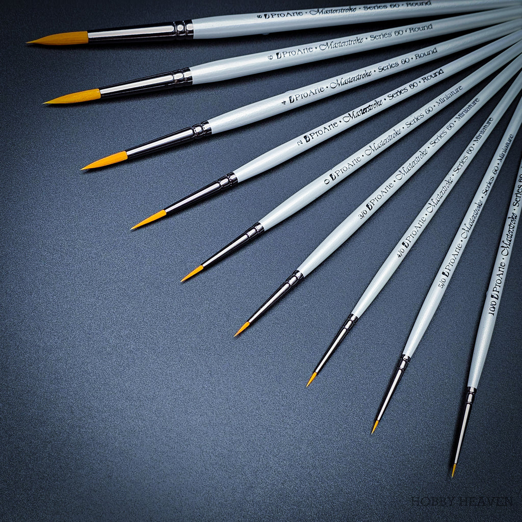 Pro Arte Masterstroke Series 60 Prolon Round Brushes – Collection of all sizes (close-up) on black background.