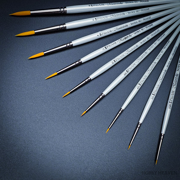 Pro Arte Masterstroke Series 60 Prolon Round Brushes – Collection of all sizes (close-up) on black background.