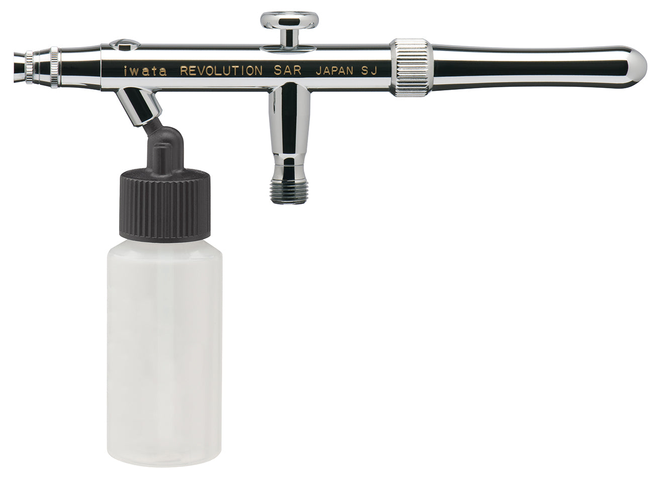 Iwata Revolution SAR on white with the 30 ml bottle screwed into the siphon inlet, full side view