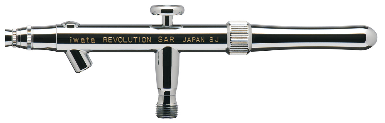 Iwata Revolution SAR body on white without the bottle, showing the engraving and the air inlet thread
