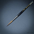 Raphael Kolinsky Sable Brush 88026 – Close-up of size 8, fine detail long tip liner on black background.