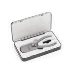 Grey magnetic storage case open, holding the ST-C2 nipper in its leather blade cover