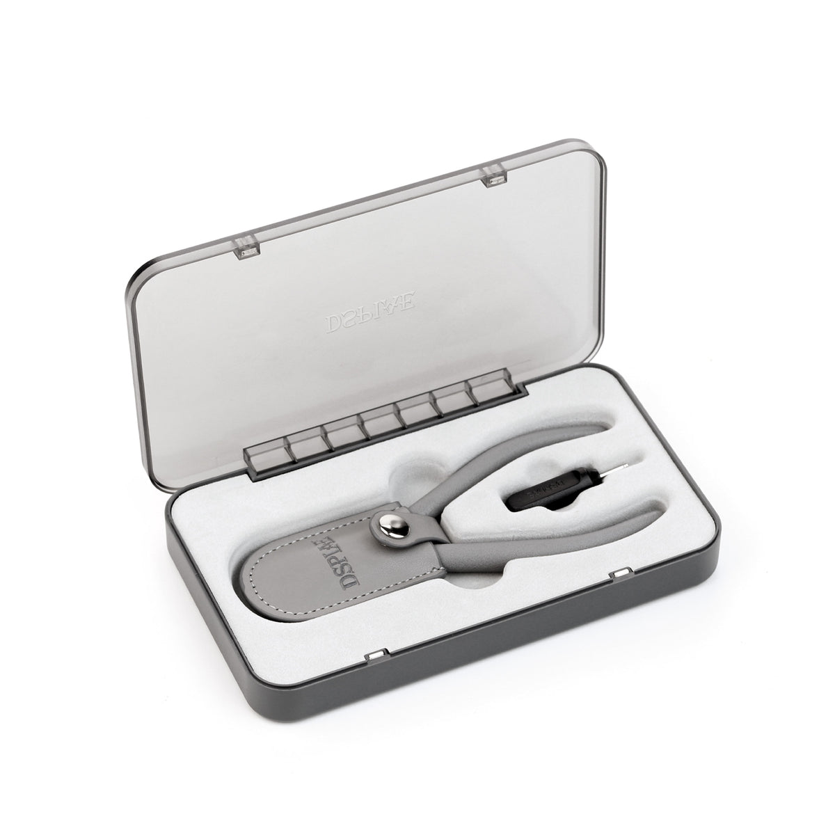 Grey magnetic storage case open, holding the ST-C2 nipper in its leather blade cover