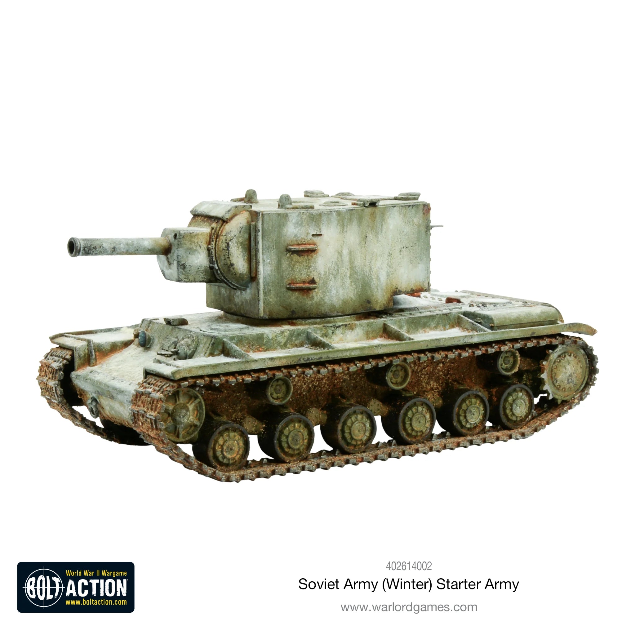 KV-2 tank miniature in winter camouflage, designed for winter warfare in the Bolt Action Soviet Winter Starter Army set.