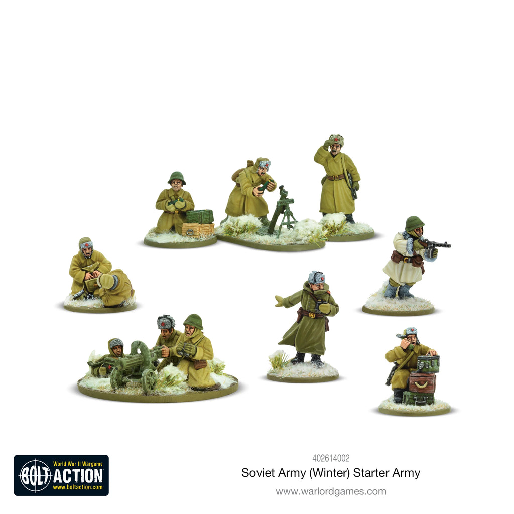 Soviet winter infantry miniatures in snow camouflage, equipped with WWII-era weapons and gear for winter battlefield tactics.