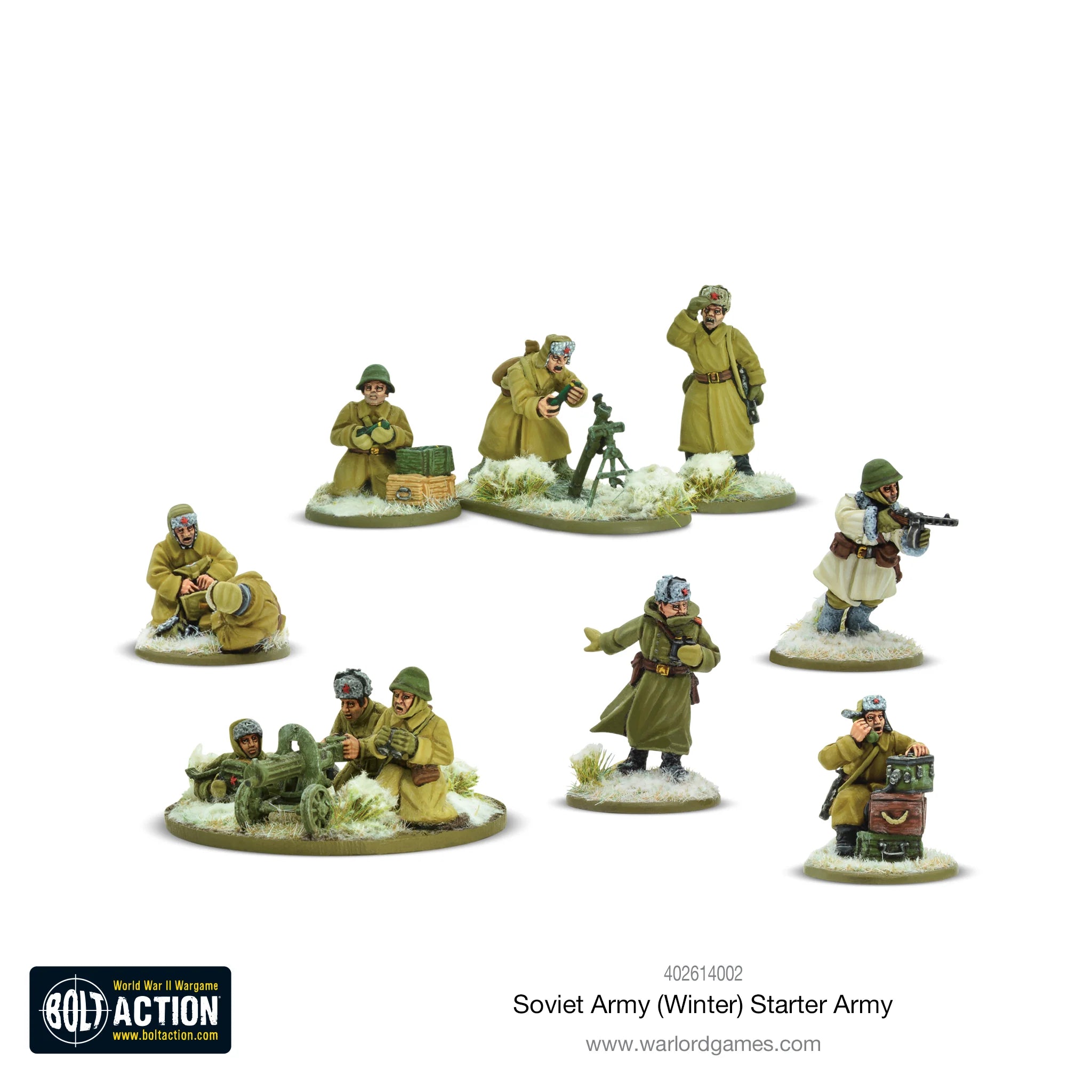 Soviet winter infantry miniatures in snow camouflage, equipped with WWII-era weapons and gear for winter battlefield tactics.