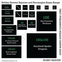 Infographic of square and rectangular wargaming bases by Hobby Heaven
