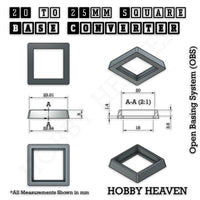 Technical diagram showing 20mm to 25mm square base converter dimensions
